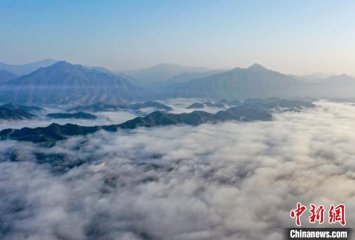 洁白的云海山村上空涌动，幕府山脉山峦起伏，在白云映衬下或如巨龙飞舞。