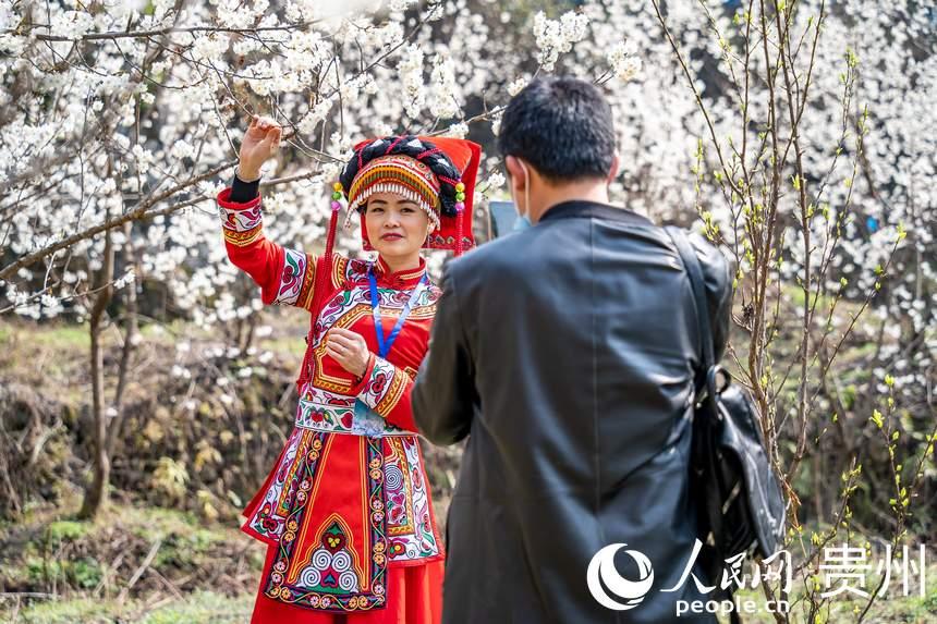 身穿民族服装的游客在“樱桃花海”内游玩。人民网 涂敏摄